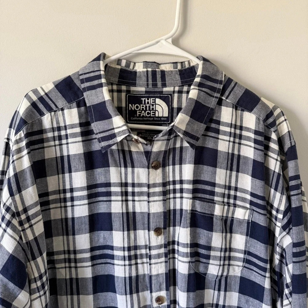 The North Face Mens Heritage Plaid Linen Cotton Button Down Shirt Navy White XXL
